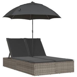 vidaXL Double Sun Lounger with Cushions&Parasol Grey Poly Rattan