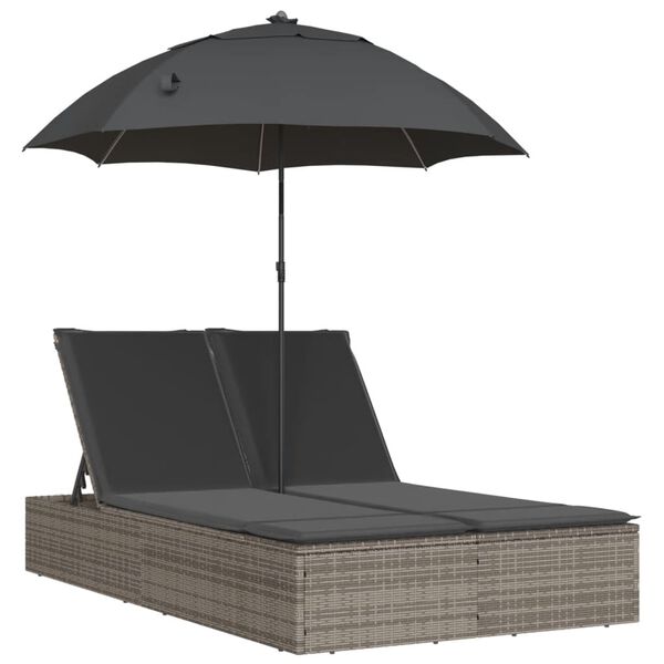vidaXL Double Sun Lounger with Cushions&Parasol Grey Poly Rattan