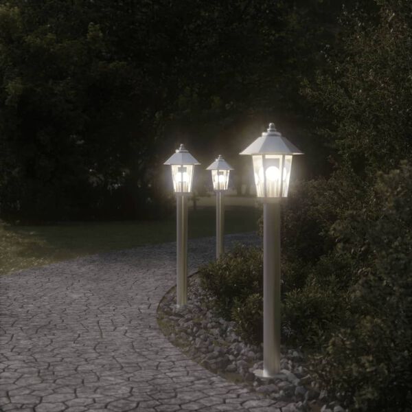 vidaXL Outdoor Floor Lamp Set of 3 Silver Stainless Steel, Polycarbonate