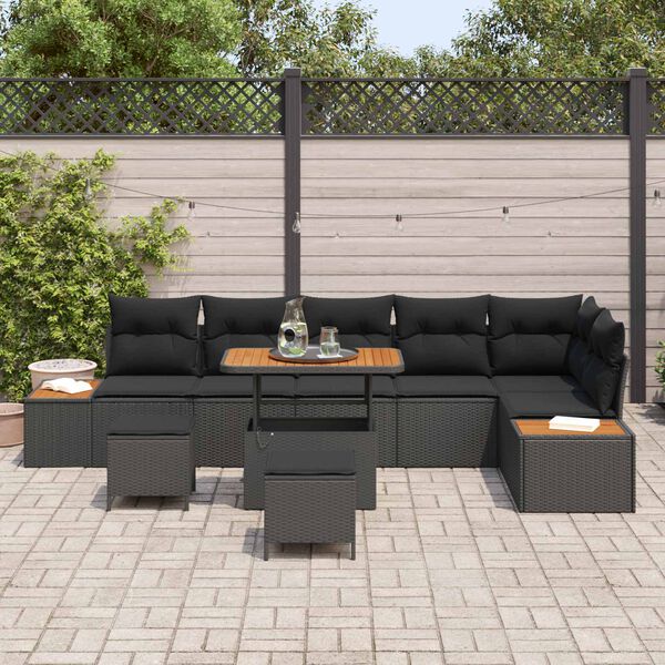 vidaXL Garden Sofa Set with Cushion 9 pcs Black Poly rattan