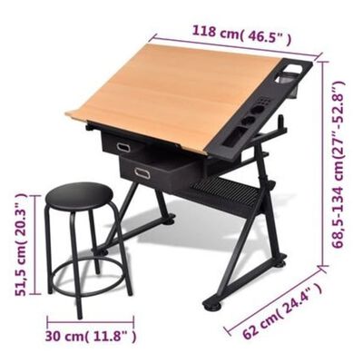 vidaXL Two Drawers Tiltable Tabletop Drawing Table with Stool