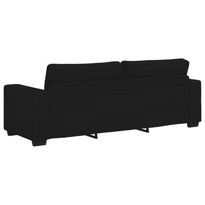 Back view of a black fabric sofa showing the back cushions and legs.