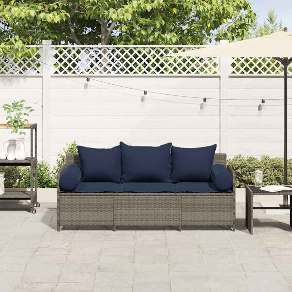 vidaXL Patio Sofa with Cushions 3-Seater Gray Poly Rattan