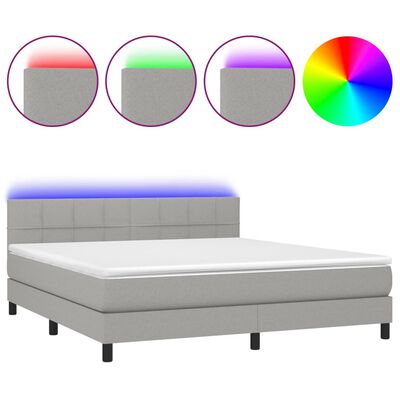 vidaXL Box Spring Bed with Mattress&LED Light Gray Queen Fabric