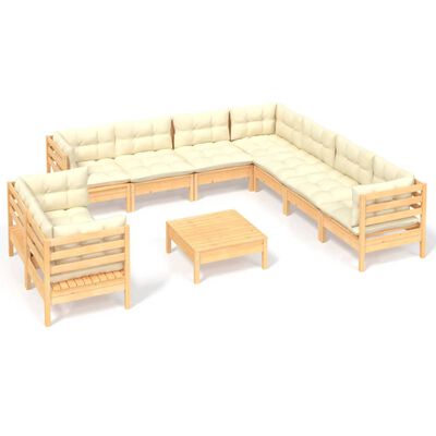 vidaXL 10 Piece Patio Lounge Set with Cream Cushions Solid Pinewood