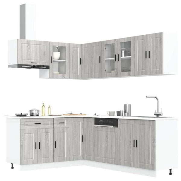 vidaXL Kitchen Cabinet Set Gray Sonoma Engineered wood and glass Large
