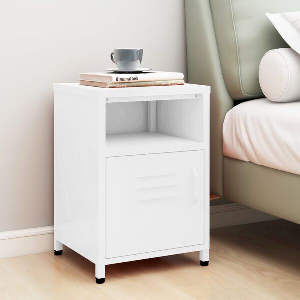 vidaXL Nightstand White Steel Small Levelers Nightstand Square