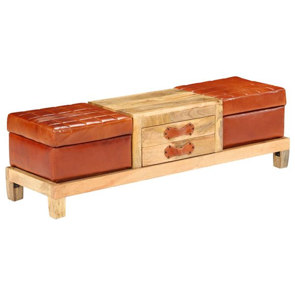 vidaXL Storage Bench Solid Mango Wood Real Leather 47.2"x14.2"x14.2"