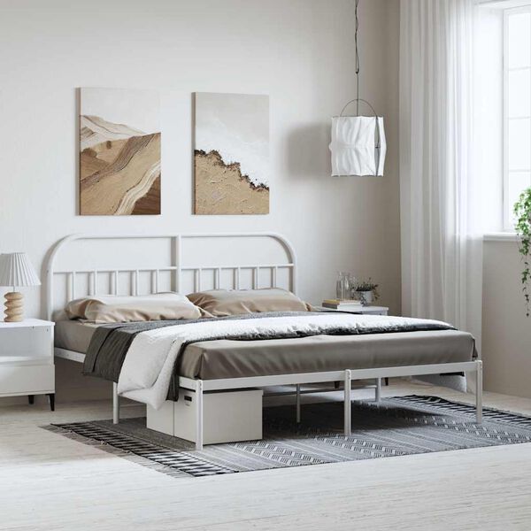 vidaXL Bed Frame White Powder-Coated Steel Double Bed Frame