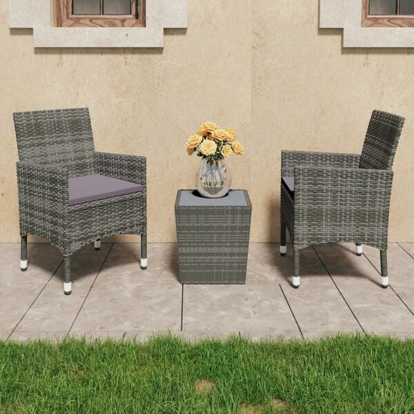 vidaXL Bistro Set Grey Poly rattan, steel, tempered glass Small