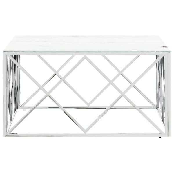 vidaXL Coffee Table Silver, White Marble Stainless Steel, Tempered Glass