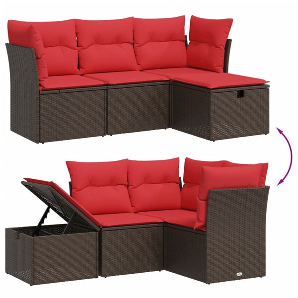 vidaXL 4 Piece Patio Sofa Set with Cushions Brown Poly Rattan