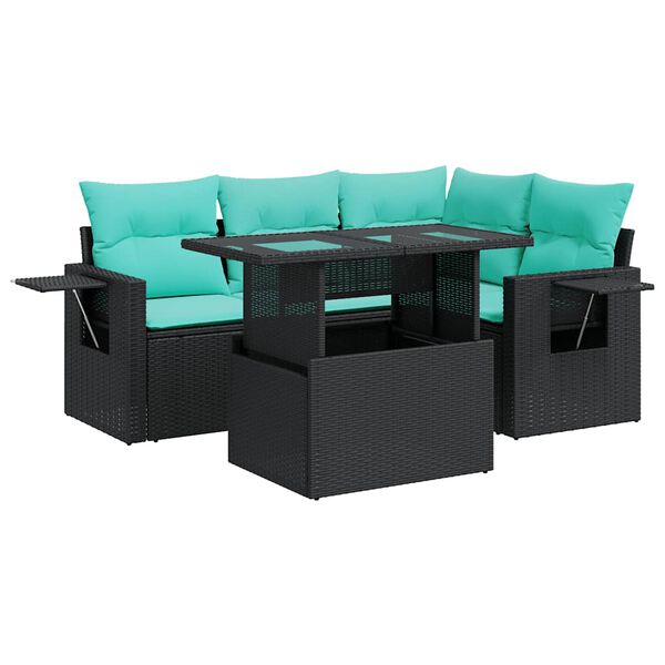 vidaXL 5 Piece Patio Sofa Set with Cushions Black Poly Rattan Acacia