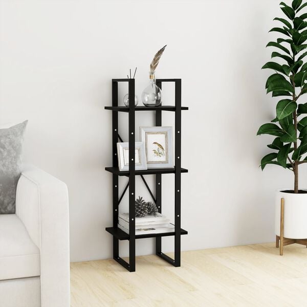 vidaXL Book Cabinet Black Solid Pine Wood 3-Tier Book Cabinet