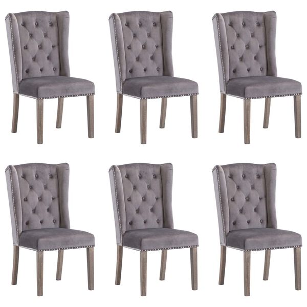 vidaXL Dining Chair Set of 6 Grey Velvet, solid rubberwood Standard