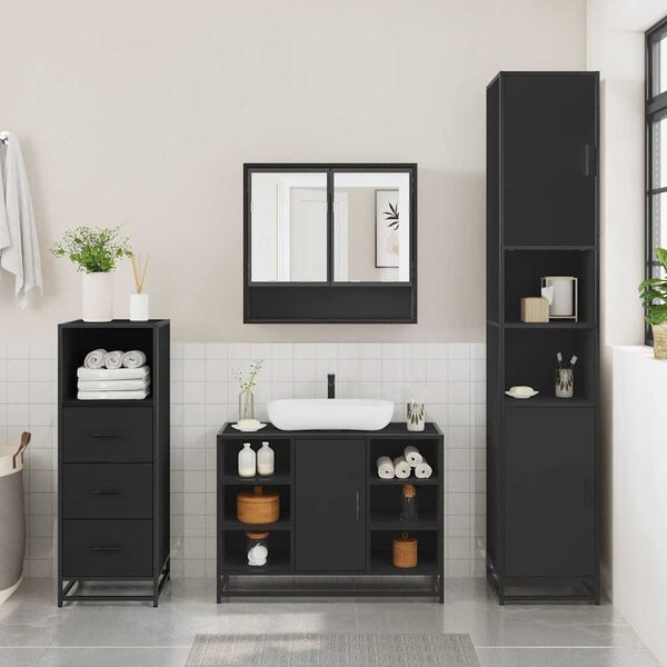vidaXL Bathroom Furniture Set Black Engineered wood, metal, glass Standard