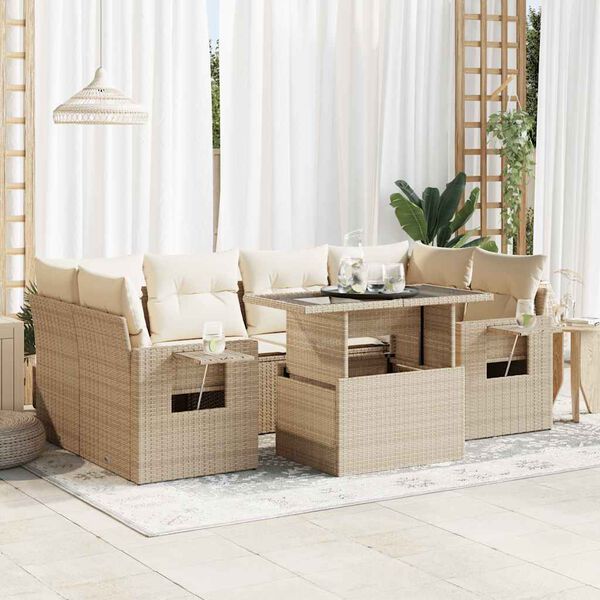 vidaXL Garden Sofa Set Beige Poly Rattan Large Removable Covers