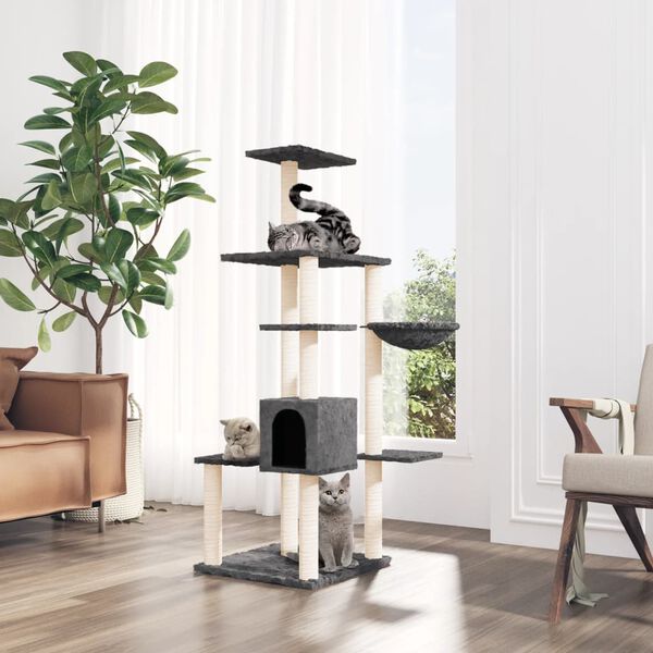 vidaXL Cat Tree Dark grey Engineered wood, plush, sisal Medium Cat Tree