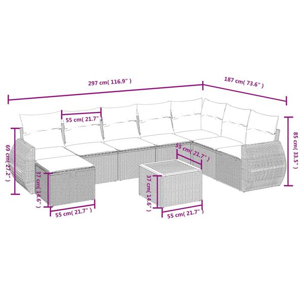 vidaXL Garden Sofa Set Grey PE rattan 9 Piece Modular Garden Sofa Set