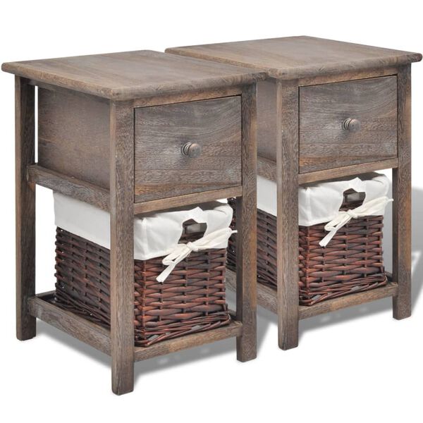 vidaXL Bedside Cabinet Set of 2 Brown Paulownia wood, Wicker Compact