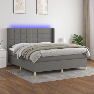vidaXL Box Spring Bed with Mattress&LED Dark Gray King Fabric