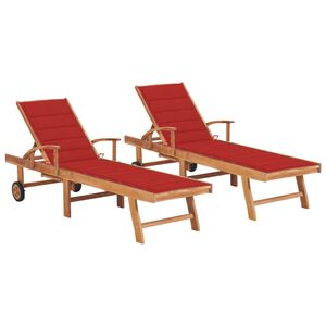 vidaXL Sun Lounger Set of 2 Fine sanded wood with red cushions