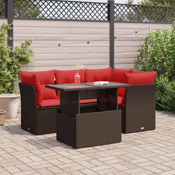 vidaXL 5 Piece Patio Sofa Set with Cushions Brown Poly Rattan Acacia
