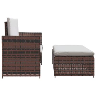 Two-piece brown wicker modular outdoor set from side view, cushions visible.