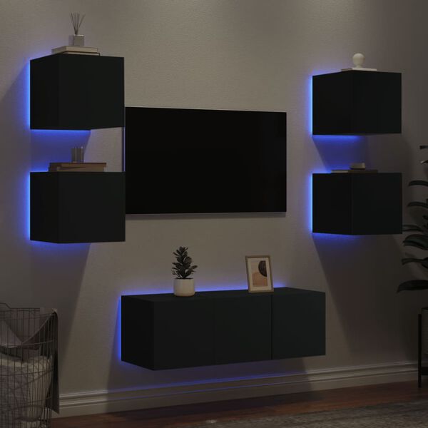 vidaXL TV Wall Unit Black Engineered Wood Medium TV Wall Unit