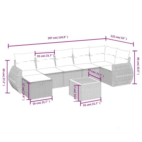 vidaXL 8 Piece Patio Sofa Set with Cushions Gray Poly Rattan