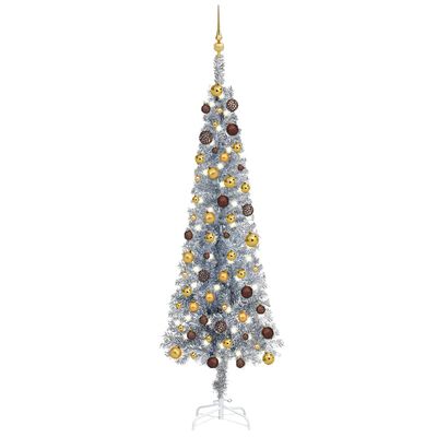 vidaXL Slim Christmas Tree with LEDs&Ball Set Silver 70.9"