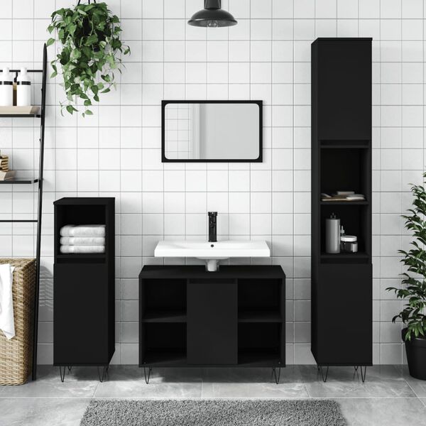 vidaXL Bathroom Furniture Set Black Engineered wood, Iron 3 Piece Set