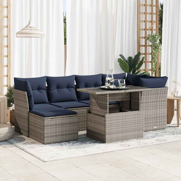 vidaXL 7 Piece Patio Sofa Set with Cushions Gray Poly Rattan Acacia