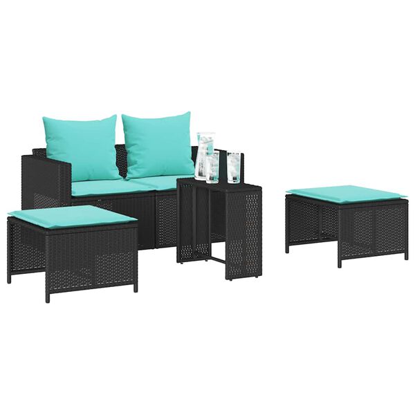 vidaXL 5 Piece Patio Sofa Set with Cushions Stackable Black Poly Rattan