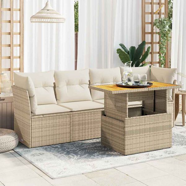 vidaXL Garden Sofa Set Beige Poly Rattan 5 Piece Set Adjustable Armrests