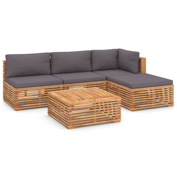 vidaXL 5 Piece Patio Lounge Set with Dark Gray Cushion Solid Teak Wood