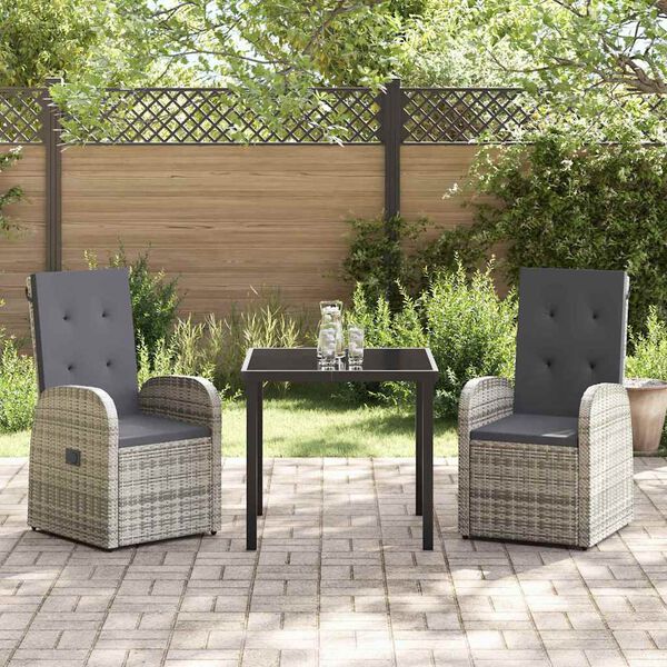 vidaXL Garden Dining Set with Cushion 3 pcs Grey Poly Rattan