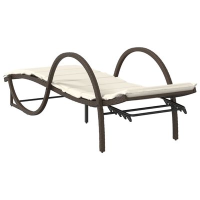 Outdoor chaise lounge with curved arches and storage/foot extension, beige cushion.