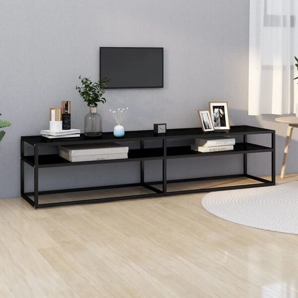 vidaXL TV Cabinet Black Tempered glass, powder-coated steel Large