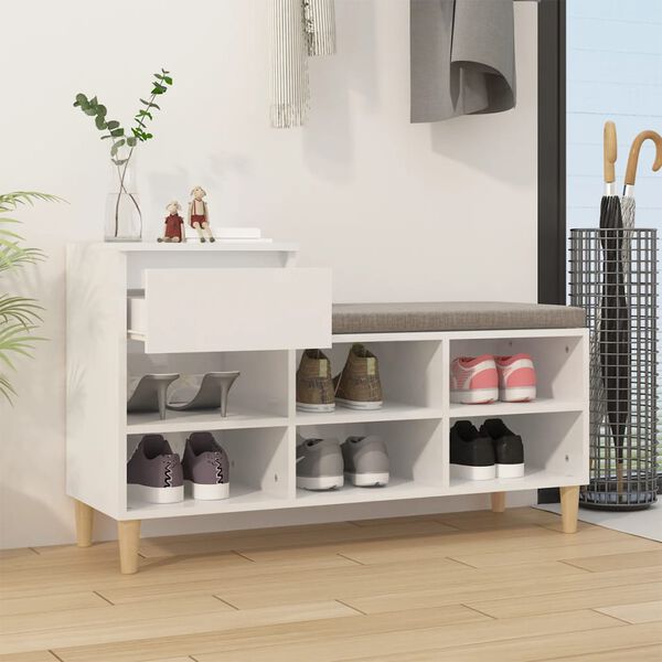 vidaXL Shoe Cabinet High gloss white Engineered Wood, Solid Eucalyptus Wood