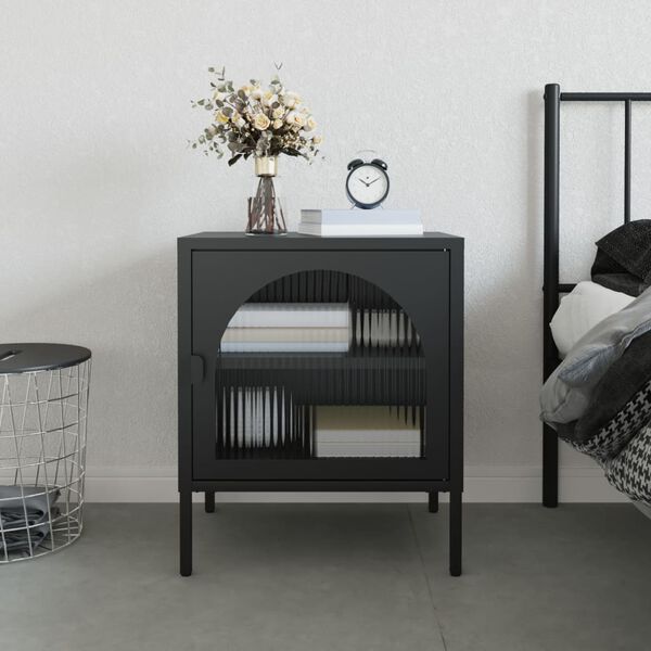 vidaXL Nightstand Black Powder-coated steel, fluted glass