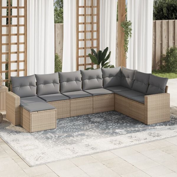 vidaXL Garden Sofa Set Beige PE Rattan 8 Piece Adjustable Feet