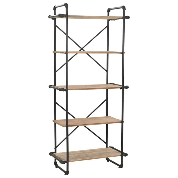 vidaXL Bookcase Black and Natural Wood Solid Firwood and Steel