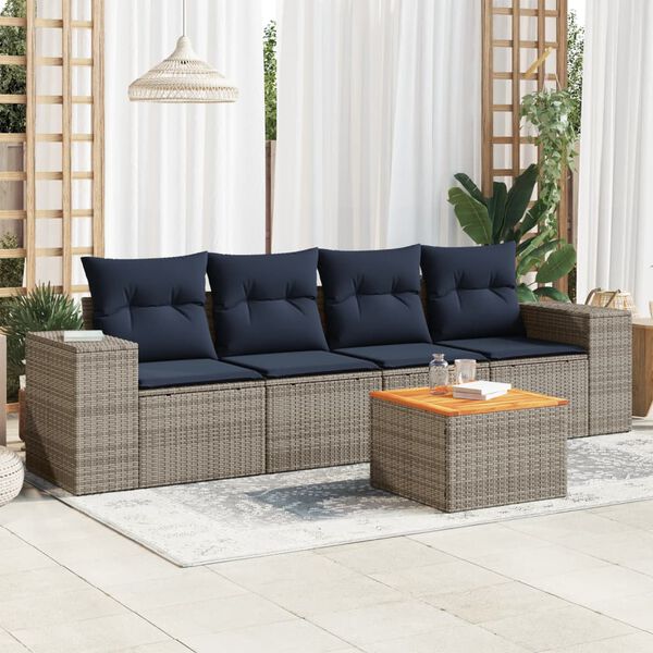 vidaXL 5 Piece Patio Sofa Set with Cushions Gray Poly Rattan