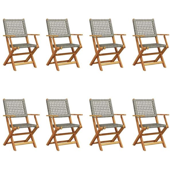 vidaXL Folding Patio Chairs 8 pcs Gray Poly Rattan and Solid Wood