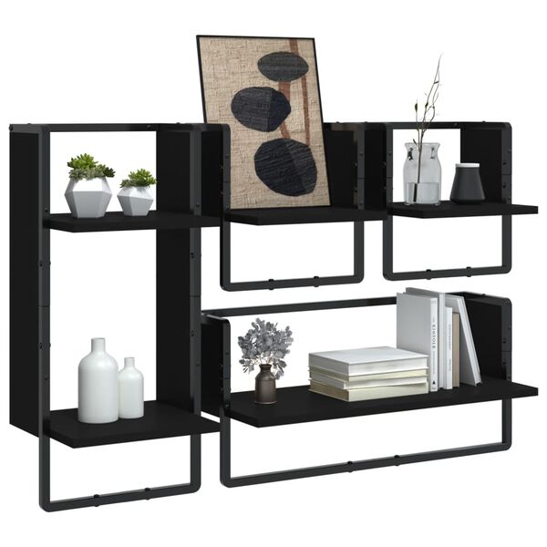 vidaXL Wall Shelf Set Set of 4 Black Engineered wood, metal Small