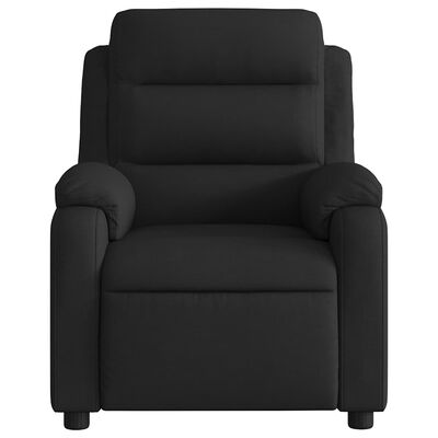 Front view of black recliner with wide seat and padded arms