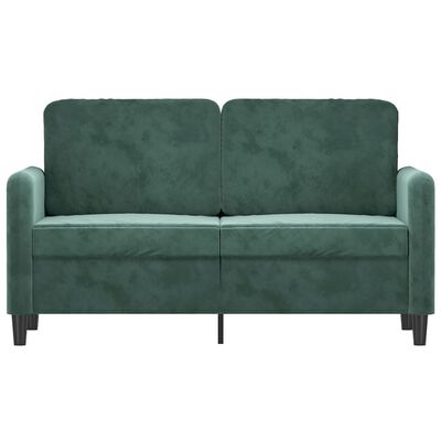 Teal green sofa with two back cushions, two-seat configuration, and wooden legs