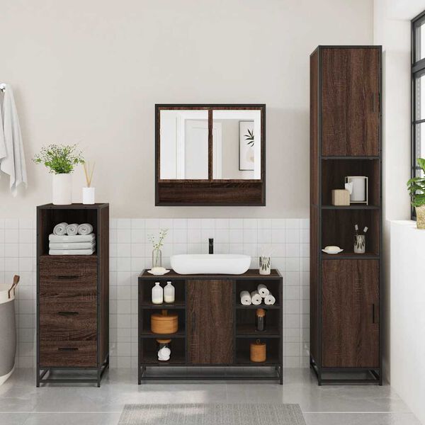 vidaXL Bathroom Furniture Set Brown Oak Engineered Wood, Metal, Glass