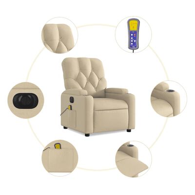 Circular collage around a beige recliner showing remote control, side pocket, footrest, and recline mechanisms